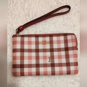 COACH Corner Zip Wristlet With Gingham Print Burgundy Pink F77890